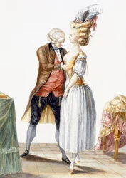 Signora elegante a una prova con il suo sarto, tavola da 
